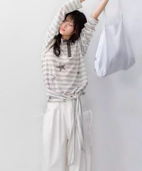 SHERU(シェル)の「スターグラフィック ドライヘンリーネックボーダーロンT(Tシャツ/カットソー・レディース・ライトグレー・M)」の5枚目の写真