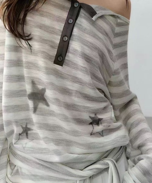 SHERU(シェル)の「スターグラフィック ドライヘンリーネックボーダーロンT(Tシャツ/カットソー・レディース・ライトグレー・M)」の3枚目の写真