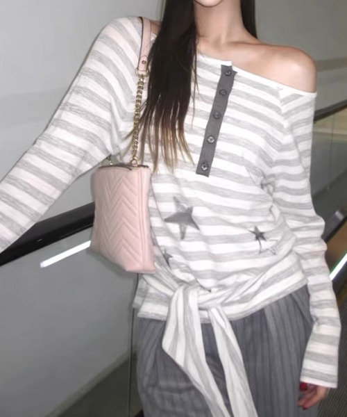 SHERU(シェル)の「スターグラフィック ドライヘンリーネックボーダーロンT(Tシャツ/カットソー・レディース・ライトグレー・M)」の9枚目の写真