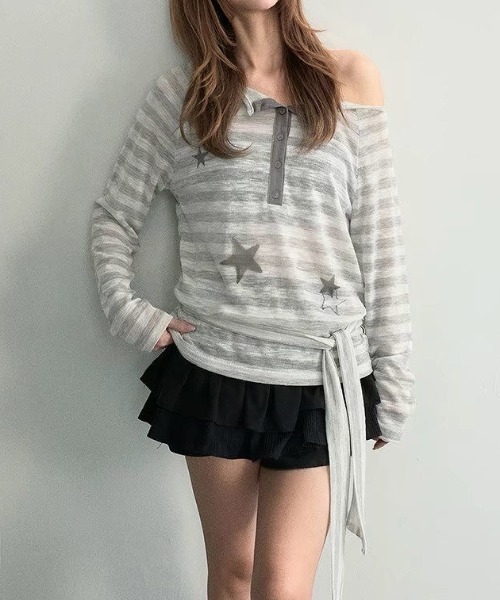 SHERU(シェル)の「スターグラフィック ドライヘンリーネックボーダーロンT(Tシャツ/カットソー・レディース・ライトグレー・M)」の13枚目の写真