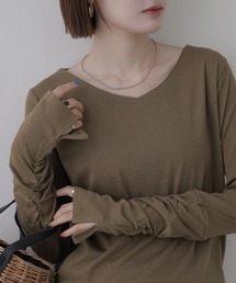 Vネック指空きTシャツ 長袖