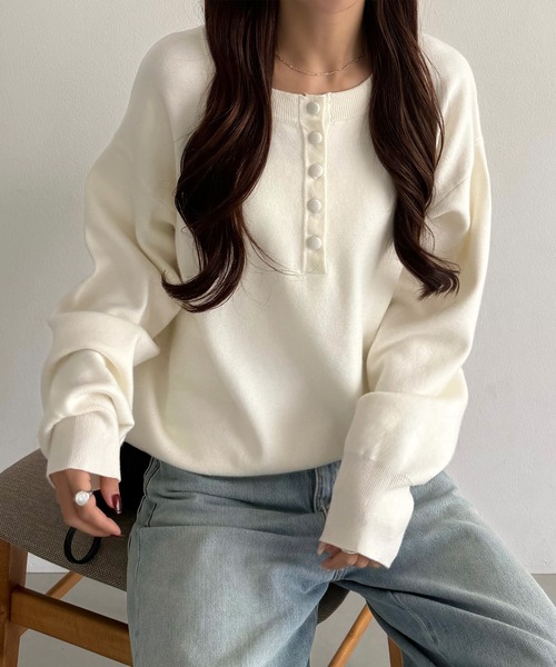 callautia(カラウティア)の「ヘンリーネックニットトップス(ニット/セーター・レディース・イエロー/アイボリー/チャコール・LARGE/MEDIUM)」の5枚目の写真