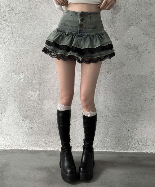 VEILA(ヴェイラ)の「レースフリル ティアードデニムミニスカート(スカート・レディース・ブルー・S/M/L)」の4枚目の写真