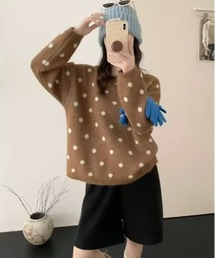 配色ドット柄 クルーネックプルオーバーニット