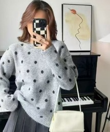 配色ドット柄 クルーネックプルオーバーニット