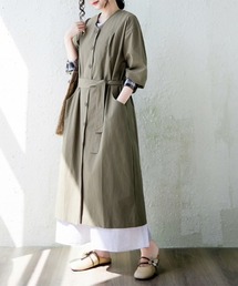 ノーカラーウエストリボン長袖ロングコート