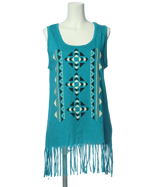 SLY LANG（スライラング）の「ネイティブ柄フリンジタンク（タンクトップ・レディース・オフホワイト/ブラック/ターコイズブルー・FREE）」の3枚目の写真