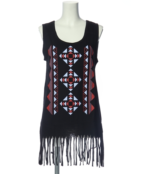 SLY LANG（スライラング）の「ネイティブ柄フリンジタンク（タンクトップ・レディース・オフホワイト/ブラック/ターコイズブルー・FREE）」の2枚目の写真