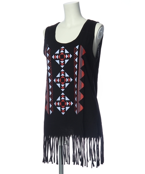 SLY LANG（スライラング）の「ネイティブ柄フリンジタンク（タンクトップ・レディース・オフホワイト/ブラック/ターコイズブルー・FREE）」の4枚目の写真