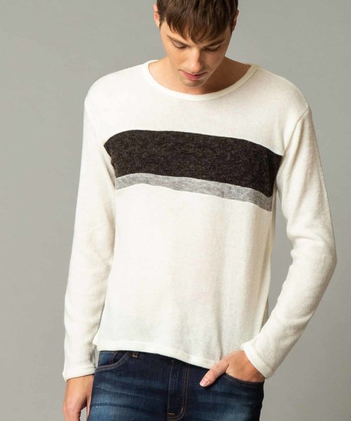 London Denim(ロンドンデニム)の「ライトシャギーニットソー / パネルボーダー クルーネック(長袖)(Tシャツ/カットソー)」|アイボリー