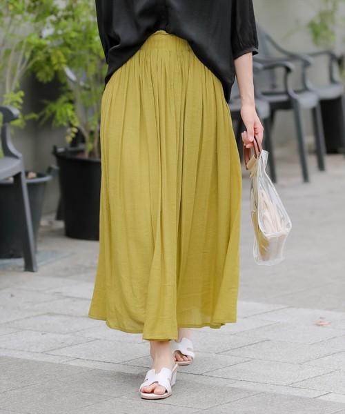 clear(クリア)の「スラブギャザーロングスカート(スカート・レディース・ベージュ/パープル/ネイビー/ピンク/グリーン/ブラック/オリーブ/ワインレッド・F)」の4枚目の写真