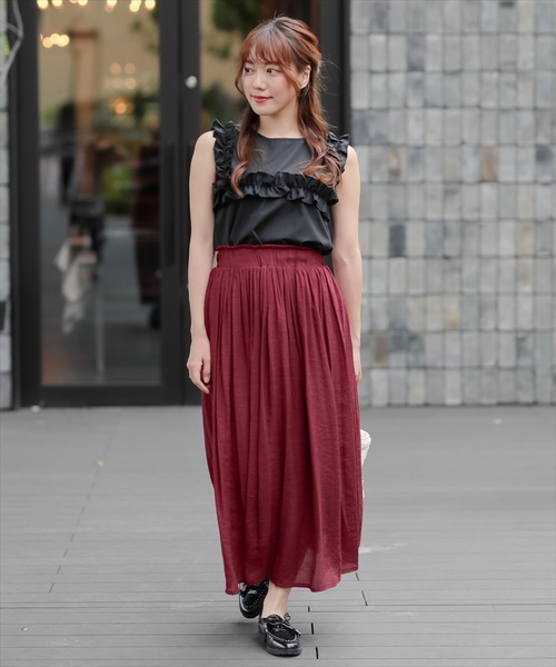 clear(クリア)の「スラブギャザーロングスカート(スカート・レディース・ベージュ/パープル/ネイビー/ピンク/グリーン/ブラック/オリーブ/ワインレッド・F)」の9枚目の写真