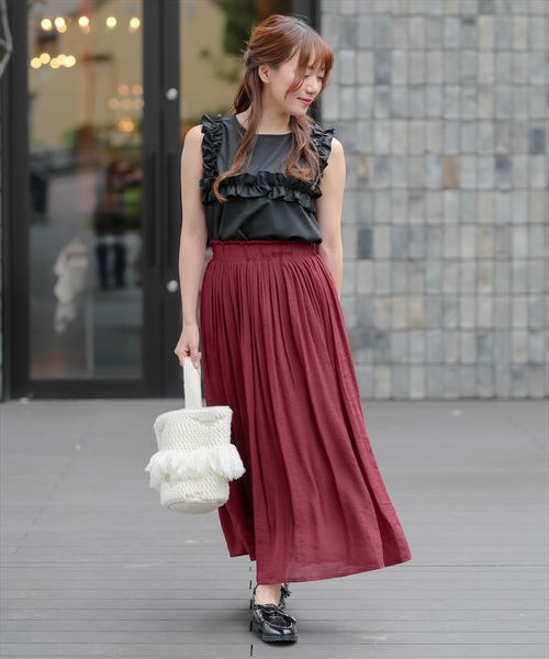 clear(クリア)の「スラブギャザーロングスカート(スカート・レディース・ベージュ/パープル/ネイビー/ピンク/グリーン/ブラック/オリーブ/ワインレッド・F)」の10枚目の写真