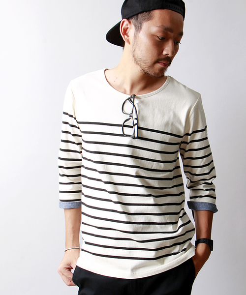 WEGO（ウィゴー）の「WEGO/パネルボーダー7分袖Tシャツ（Tシャツ/カットソー・メンズ・ホワイト/杢グレー/ネイビー/トリコロール・MEDIUM/LARGE）」の2枚目の写真