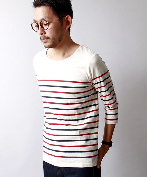 WEGO（ウィゴー）の「WEGO/パネルボーダー7分袖Tシャツ（Tシャツ/カットソー・メンズ・ホワイト/杢グレー/ネイビー/トリコロール・MEDIUM/LARGE）」の4枚目の写真