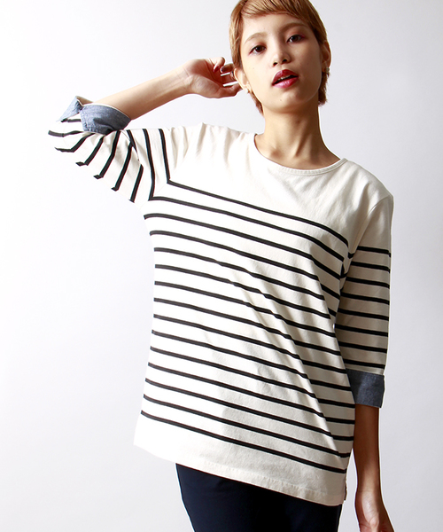 WEGO（ウィゴー）の「WEGO/パネルボーダー7分袖Tシャツ（Tシャツ/カットソー・メンズ・ホワイト/杢グレー/ネイビー/トリコロール・MEDIUM/LARGE）」の16枚目の写真