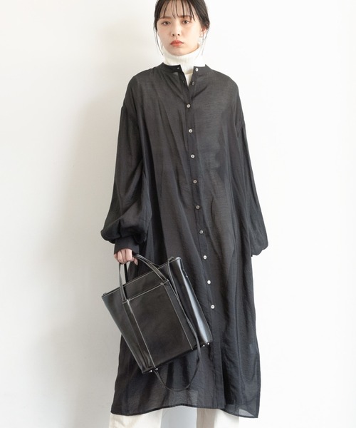 Aunt Marie's（アントマリーズ）の「バルーンスリーブシャツワンピース / AUNT MARIE'S（ワンピース・レディース・ライトグレー/ブラック/モカ・FREE）」の2枚目の写真