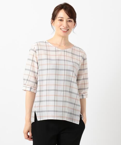 J.PRESS Ladies（J.プレス レディス）の「【洗える】キュプラコットンドビーチェック 5分袖ブラウス（シャツ/ブラウス・レディース・オレンジ系4/ブルー系4/グリーン系4・XS）」の20枚目の写真