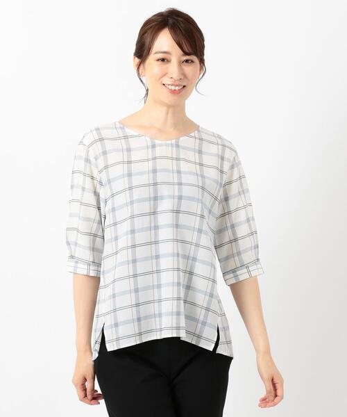 J.PRESS Ladies（J.プレス レディス）の「【洗える】キュプラコットンドビーチェック 5分袖ブラウス（シャツ/ブラウス・レディース・オレンジ系4/ブルー系4/グリーン系4・XS）」の5枚目の写真