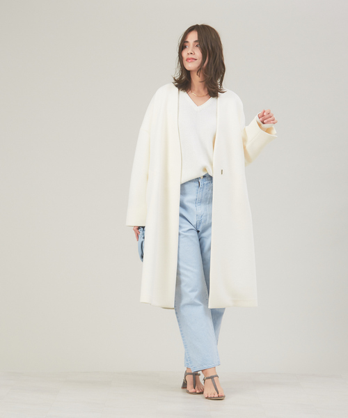 qualite（カリテ）の「ダンボールニットコート（ノーカラーコート・レディース・ホワイト/チャコールグレー・36/38）」の9枚目の写真