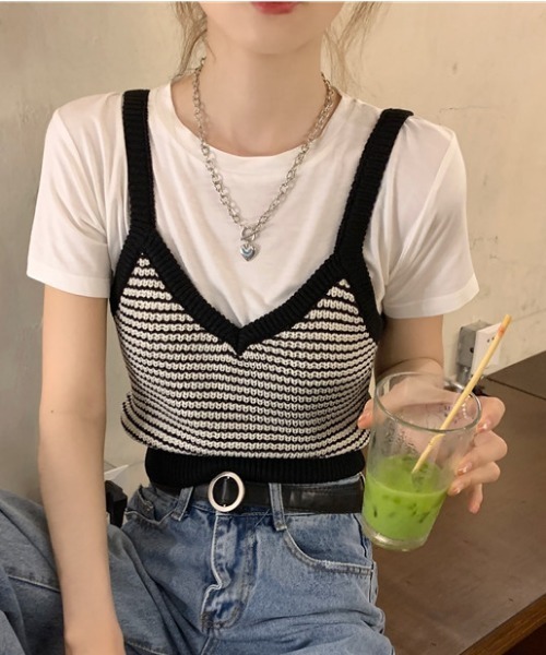 MANGROVE（マングローブ）の「ハウンドトゥース　サマーニットキャミソール（キャミソール・レディース・ブラック/グレー/グリーン・FREE）」の2枚目の写真