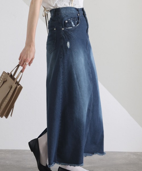 ElegChic（エレグシック）の「デニムフリンジ ロング スカート （デニムスカート・レディース・ネイビー/ブルー・4L/M/L/XL/XXL）」の8枚目の写真