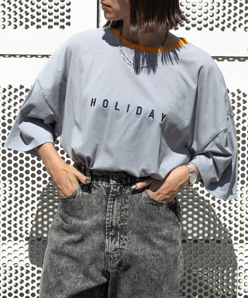 PairPair(ペアペア)の「HOLIDAYボーダーT(ユニセックス)(Tシャツ/カットソー・レディース・ベージュ/オフホワイト/サックスブルー・FREE)」の13枚目の写真