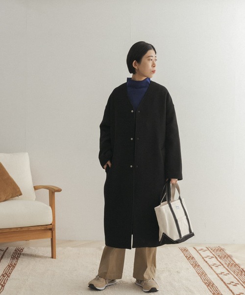 FORK&SPOON（フォークアンドスプーン）の「【WEB限定】FORK&SPOON　Vネックロングコート（その他アウター・レディース・ホワイト系その他/ブラック・ONE）」の3枚目の写真