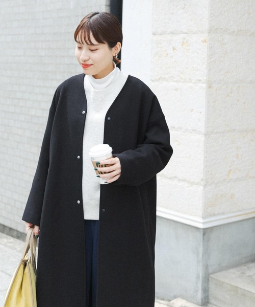 FORK&SPOON（フォークアンドスプーン）の「【WEB限定】FORK&SPOON　Vネックロングコート（その他アウター・レディース・ホワイト系その他/ブラック・ONE）」の7枚目の写真