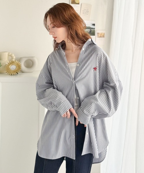 FUMIE=TANAKA　ブラウス　ブラック　ストライプ　長袖　刺繍 セール】Happyストライプ！ワンポイント刺繍BIGシルエットシャツ
