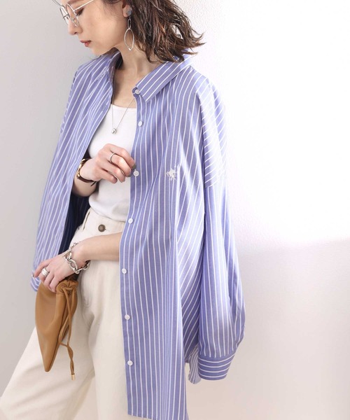 cpg ストライプデザイン シャツ セール】Happyストライプ！ワンポイント刺繍BIGシルエットシャツ