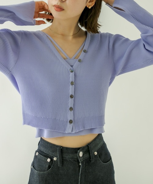 mystic(ミスティック)の「NEW Vリブショートカーディガン(カーディガン/ボレロ・レディース・ネイビー/オフホワイト/ピンク/グリーン/オレンジ/ラベンダー/ベビーピンク・FREE)」の5枚目の写真