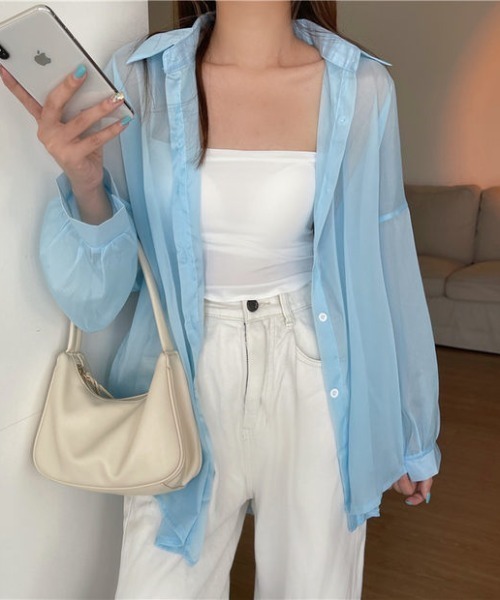 Loueme(ルエム)の「ルーズサイズシャイニーシアーカラーシャツ(シャツ/ブラウス・レディース・ホワイト/サックスブルー/ピンク・FREE)」の19枚目の写真