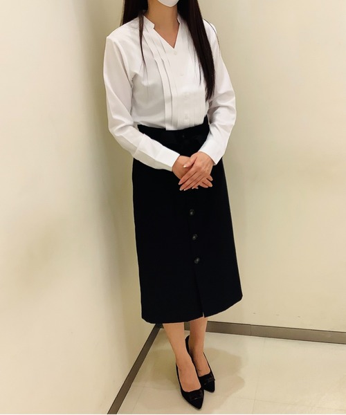 TOKYO SHIRTS（トウキョウシャツ）の「形態安定ノーアイロン ヘンリーネック 長袖ビジネスワイシャツ（ビジネスシャツ・レディース・ホワイト・S/M/L/LL）」の6枚目の写真