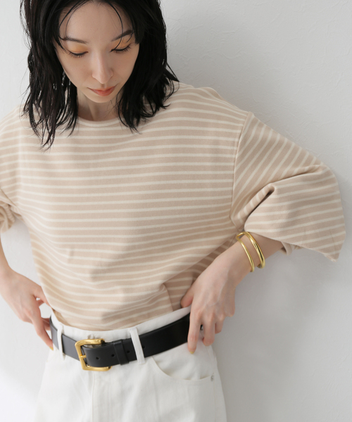 B.C STOCK(ベーセーストック)の「タックスリーブ ボーダープルオーバー(Tシャツ/カットソー・レディース・ブラック/ベージュ・FREE)」の1枚目の写真