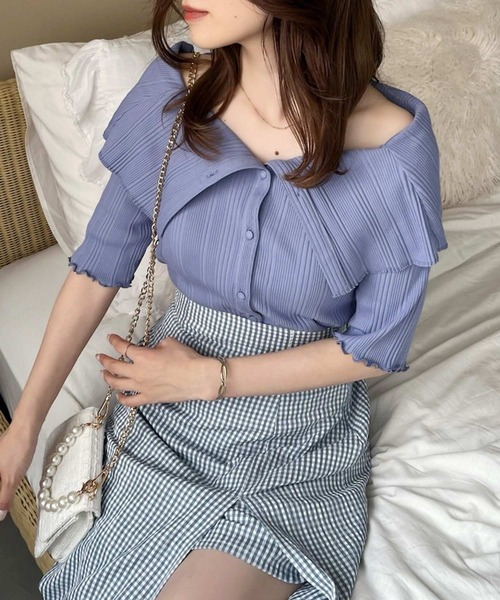 one after another NICE CLAUP（ワンアフターアナザーナイスクラップ）の「セーラーカラーオフショルテレコトップス（Tシャツ/カットソー・レディース・オフホワイト/ライトピンク/ブラック/パープル・FREE）」の3枚目の写真