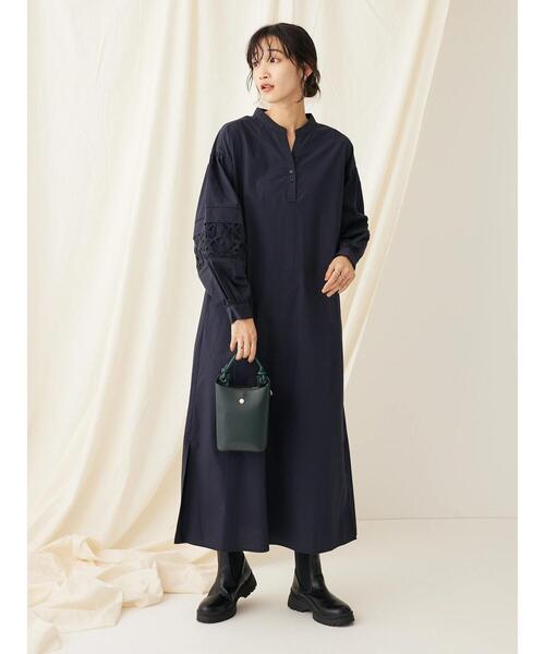 CRAFT STANDARD BOUTIQUE(クラフトスタンダードブティック)の「袖レース使いワンピース(ワンピース・レディース・ダークネイビー/モカ・FREE)」の4枚目の写真