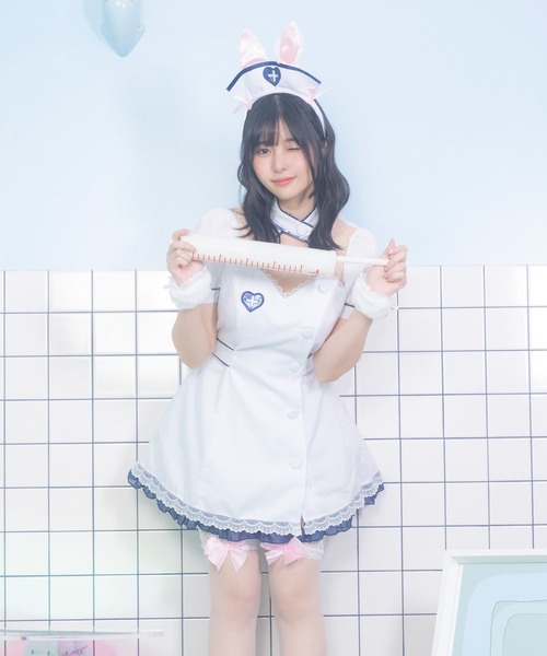 Tika(ティカ)の「コスプレ かわいい アニマル バニー ナース 半袖 パイピング ウエストリボン 体型カバー ワンピース 4点セット コンカフェ(コスチューム/パーティーグッズ・レディース・ホワイト・M)」の7枚目の写真