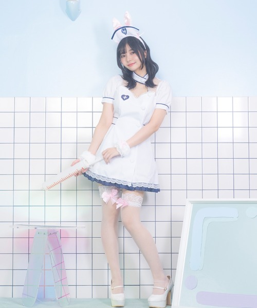 Tika(ティカ)の「コスプレ かわいい アニマル バニー ナース 半袖 パイピング ウエストリボン 体型カバー ワンピース 4点セット コンカフェ(コスチューム/パーティーグッズ・レディース・ホワイト・M)」の9枚目の写真