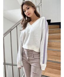 GYDA | Vネック2ラインショートニットトップス(ニット/セーター)