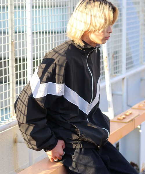 sho☆ ナイロンジャケットHH12368 セール】ユニセックスで着れるオーバーサイズ 切替配色ライン