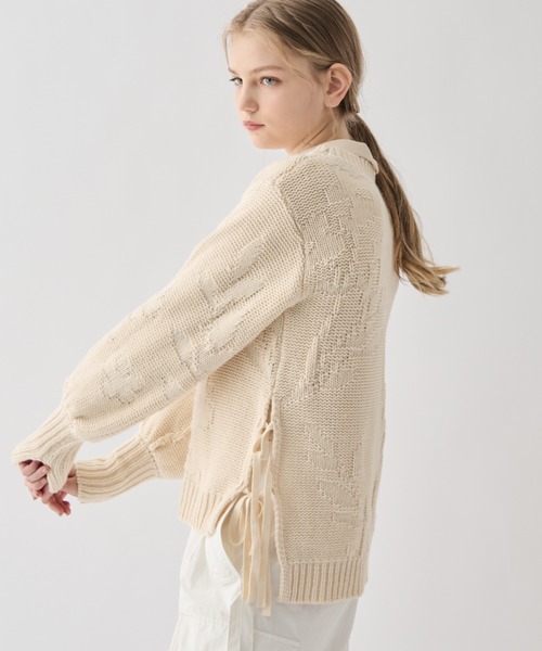 idem(イデム)の「flower poco poco jacquard knit/サイドリボン花柄ジャガードニット(ニット/セーター・レディース・ミント/アイボリー・FREE)」の7枚目の写真