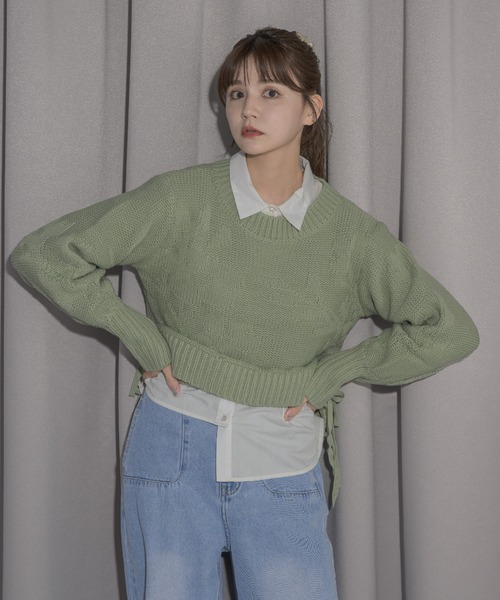idem(イデム)の「flower poco poco jacquard knit/サイドリボン花柄ジャガードニット(ニット/セーター・レディース・ミント/アイボリー・FREE)」の11枚目の写真