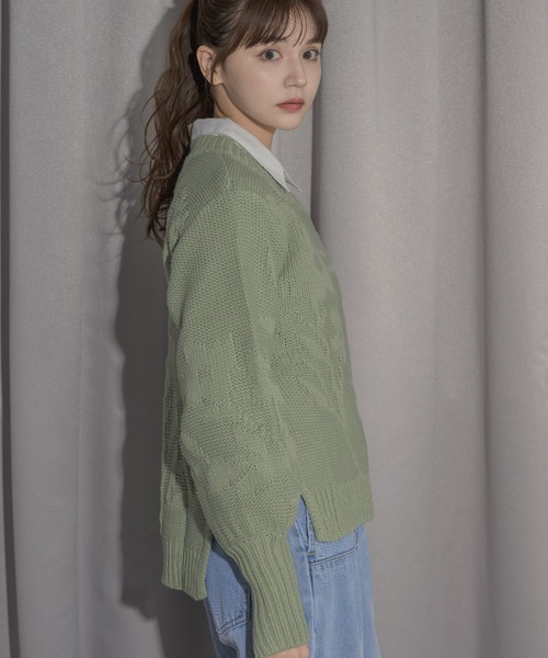 idem(イデム)の「flower poco poco jacquard knit/サイドリボン花柄ジャガードニット(ニット/セーター・レディース・ミント/アイボリー・FREE)」の14枚目の写真