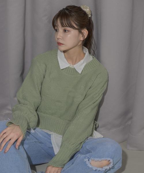 idem(イデム)の「flower poco poco jacquard knit/サイドリボン花柄ジャガードニット(ニット/セーター・レディース・ミント/アイボリー・FREE)」の15枚目の写真