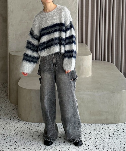 feepur（フェピュール）の「【ハンドウォッシャブル】シャギーボーダーショートニット（ニット/セーター・レディース・オフホワイト/グレー・MEDIUM）」の18枚目の写真