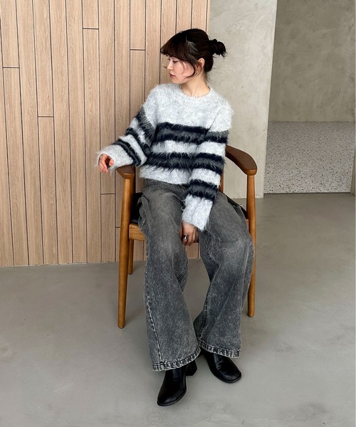 feepur（フェピュール）の「【ハンドウォッシャブル】シャギーボーダーショートニット（ニット/セーター・レディース・オフホワイト/グレー・MEDIUM）」の22枚目の写真