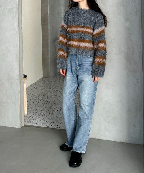 feepur（フェピュール）の「【ハンドウォッシャブル】シャギーボーダーショートニット（ニット/セーター・レディース・オフホワイト/グレー・MEDIUM）」の9枚目の写真