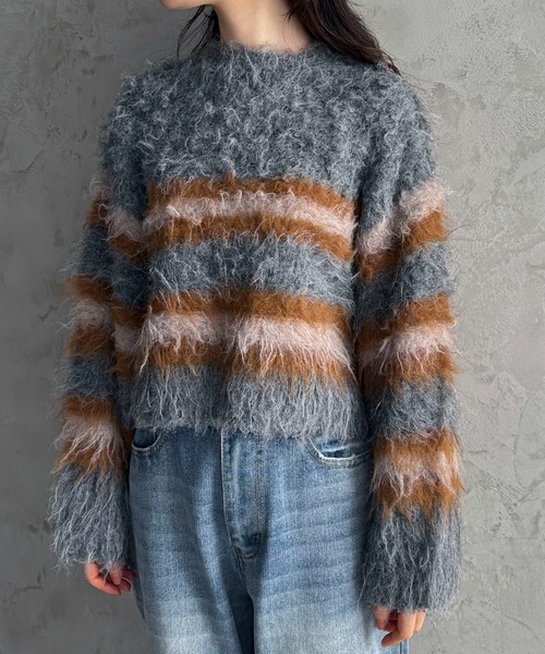 feepur（フェピュール）の「【ハンドウォッシャブル】シャギーボーダーショートニット（ニット/セーター・レディース・オフホワイト/グレー・MEDIUM）」の3枚目の写真