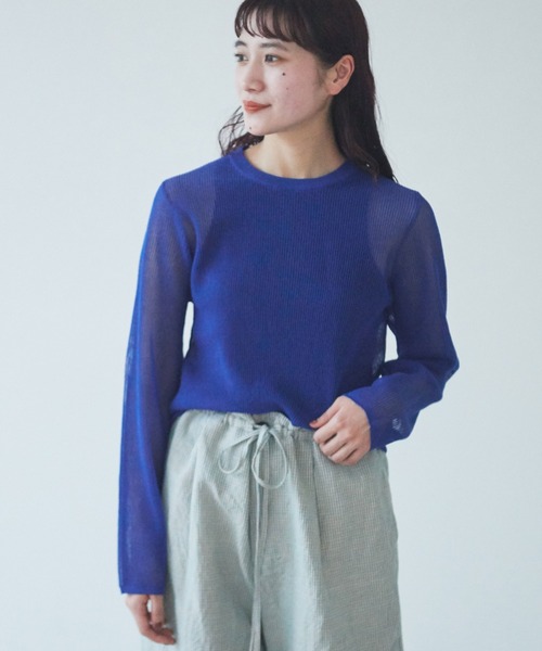 yuni - 美品　ユニ　yuni すかしストライプニット　クルーネックカーディガン　ブルー yuni（ユニ ）の「すかしストライプニット クルーネック